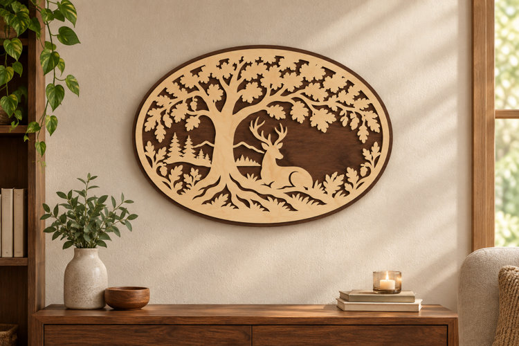 Deer Tree Oval Laser Cut SVG File, deer tree svg, deer oval