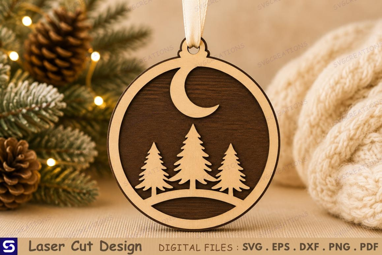 3D Pine Trees & Crescent Moon Wooden Ornament Laser Cut File