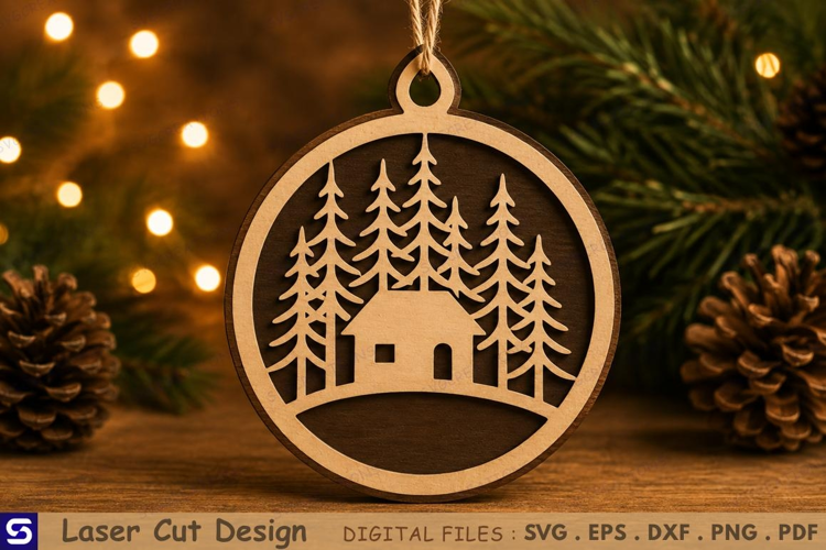 3D Cozy Cabin in Pine Forest Wooden Ornament Laser Cut File