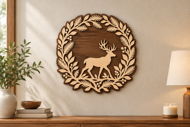 Deer Laurel Wreath Laser Cut SVG File, deer laurel svg, deer example image 1