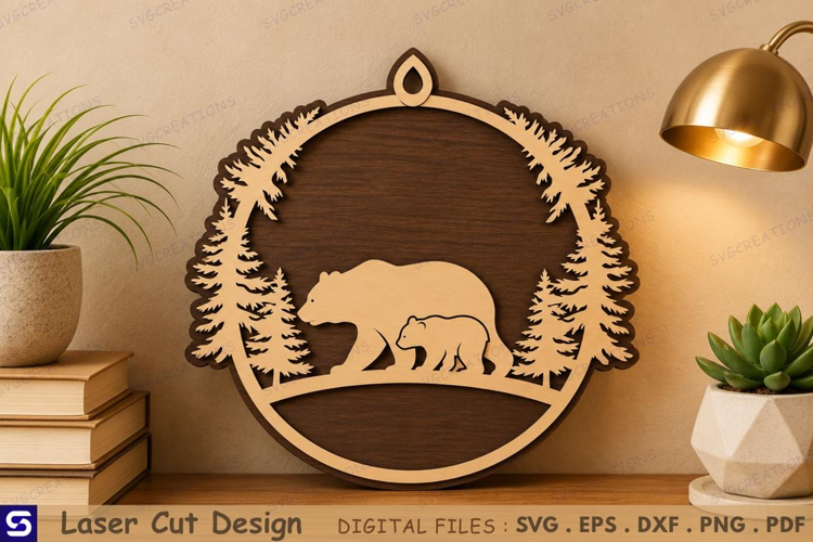 3D Bear & Cub Pine Forest Wooden Ornament Laser Cut File