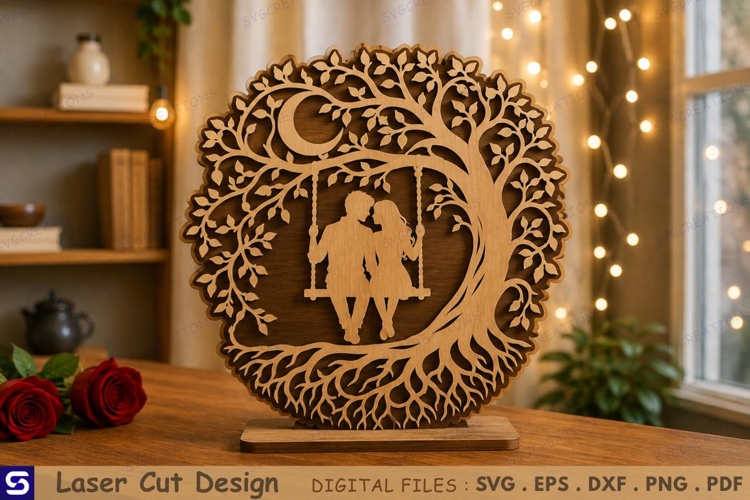 3D Couple Tree Swing Moon Tabletop Decor Laser Cut File