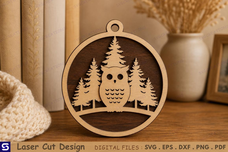 3D Owl & Pine Forest Wooden Ornament Laser Cut File