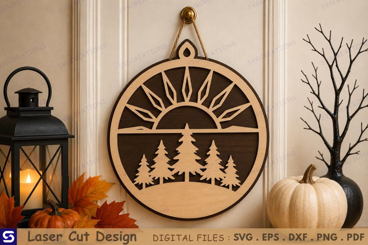 3D Pine Trees & Rising Sun Wooden Wall Hanger Laser Cut File