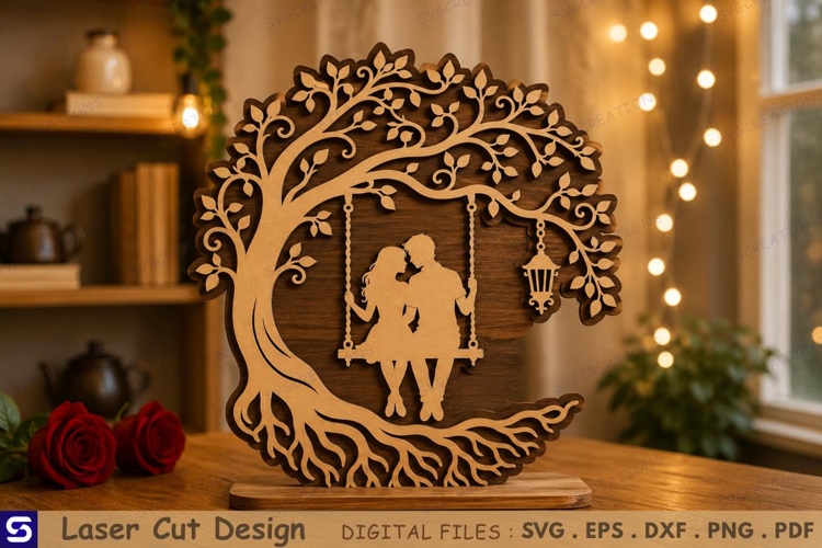 3D Couple Tree Swing with Lantern Tabletop Decor Laser Cut