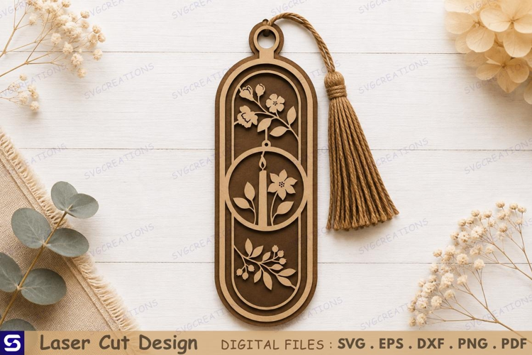 3D Christmas Candle & Floral Wooden Bookmark Laser Cut File