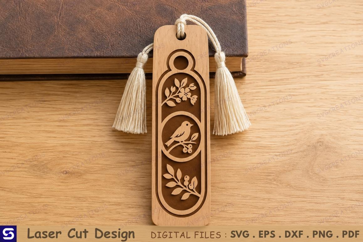 3D Bird & Floral Wooden Bookmark Laser Cut File