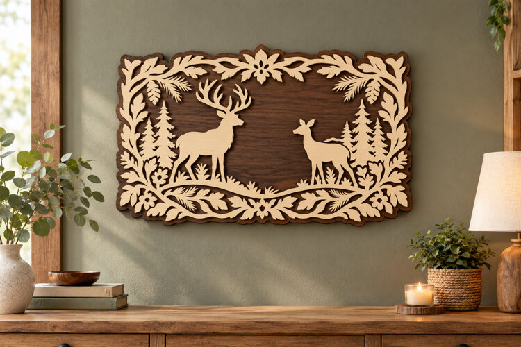 Two Deer Floral Laser Cut SVG File, two deer svg, deer pair example image 1