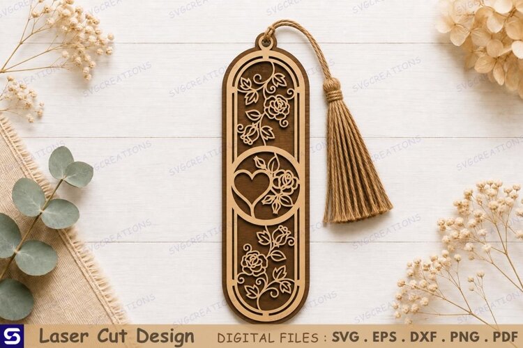 3D Rose & Heart Wooden Bookmark Laser Cut File example image 1