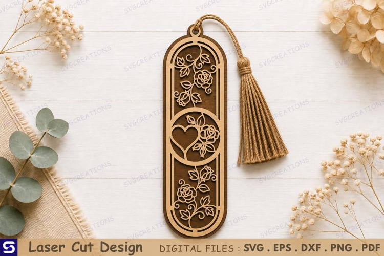 3D Rose & Heart Wooden Bookmark Laser Cut File
