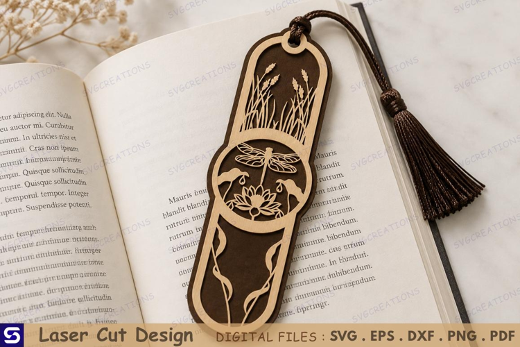 3D Dragonfly & Lotus Wooden Bookmark Laser Cut File