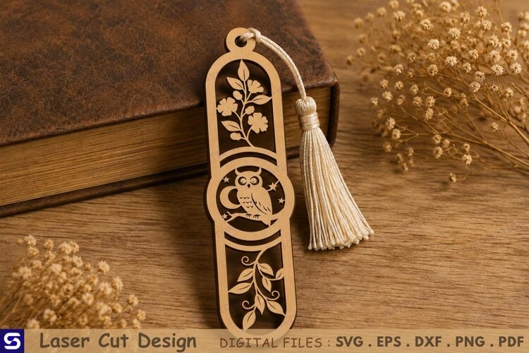 3D Owl & Crescent Moon Wooden Bookmark Laser Cut File example image 1