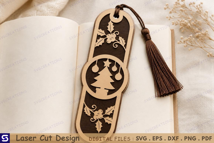 3D Christmas Tree & Holly Wooden Bookmark Laser Cut File