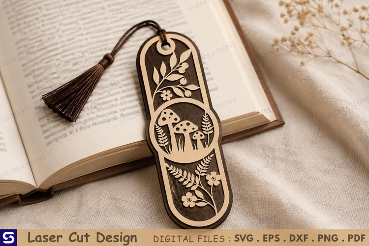 3D Mushroom & Forest Fern Wooden Bookmark Laser Cut File