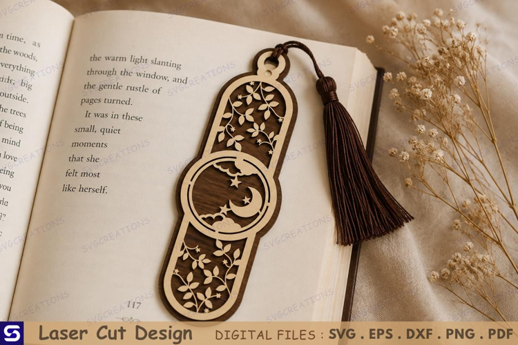 3D Crescent Moon & Stars Wooden Bookmark Laser Cut File