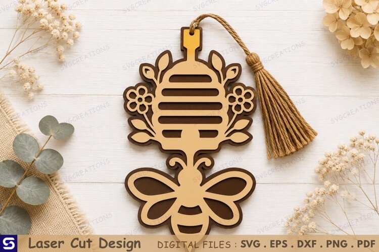3D Honeybee & Beehive Wooden Bookmark Laser Cut File example image 1
