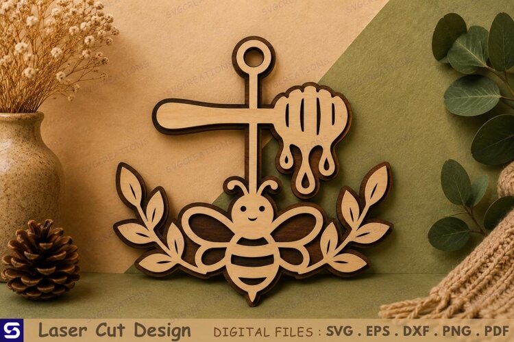 3D Honeybee & Honey Dipper Wooden Ornament Laser Cut File example image 1