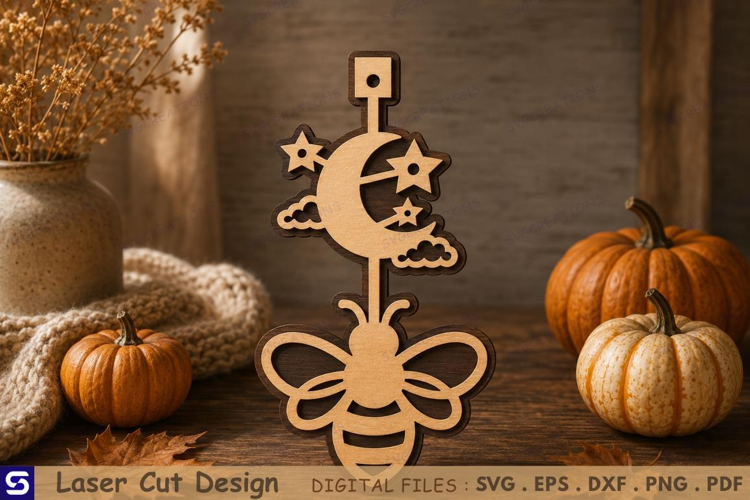 3D Honeybee & Crescent Moon Wooden Ornament Laser Cut File