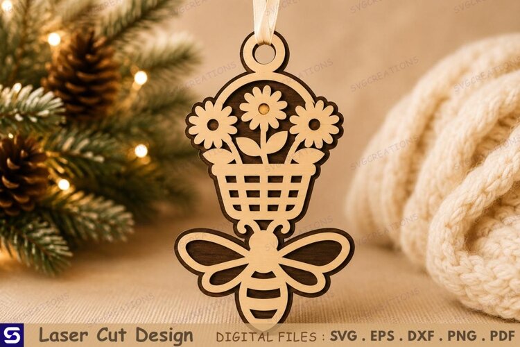 3D Honeybee & Flower Basket Wooden Ornament Laser Cut File example image 1