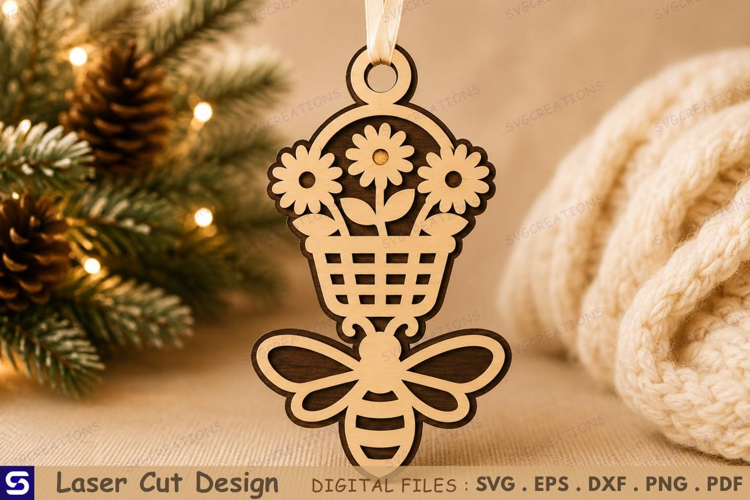 3D Honeybee & Flower Basket Wooden Ornament Laser Cut File