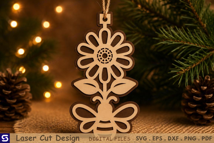 3D Honeybee & Sunflower Wooden Ornament Laser Cut File
