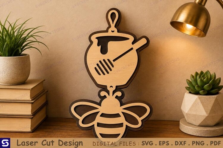 3D Honeybee & Honey Pot Wooden Ornament Laser Cut File example image 1