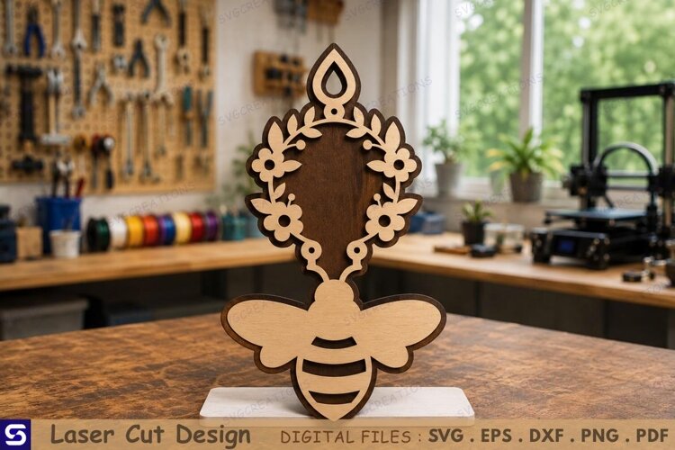 3D Honeybee & Floral Wreath Table Sign Laser Cut File example image 1