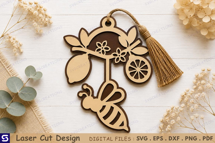3D Honeybee & Lemon Branch Wooden Bookmark Laser Cut File