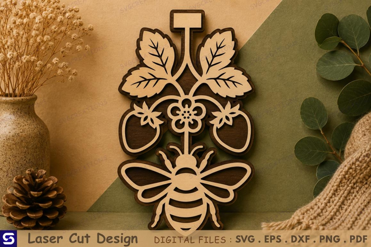 3D Honeybee & Strawberry Vine Wooden Ornament Laser Cut File