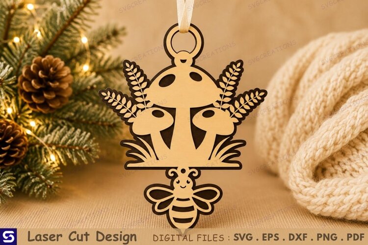 3D Honeybee & Mushroom Trio Wooden Ornament Laser Cut File example image 1