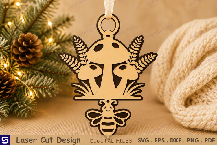 3D Honeybee & Mushroom Trio Wooden Ornament Laser Cut File