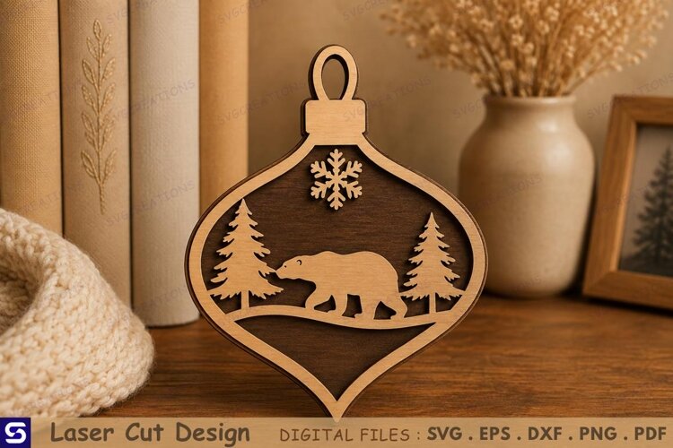 3D Bear & Pine Forest Christmas Ornament Laser Cut File example image 1