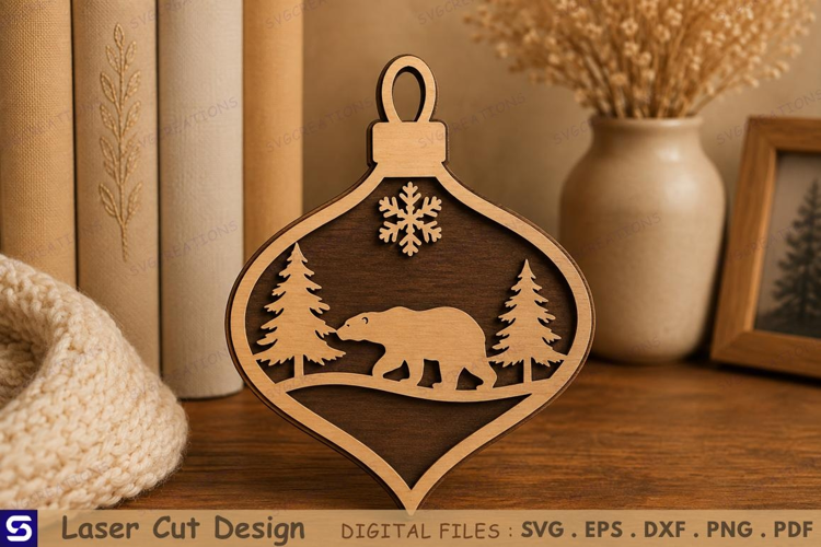 3D Bear & Pine Forest Christmas Ornament Laser Cut File