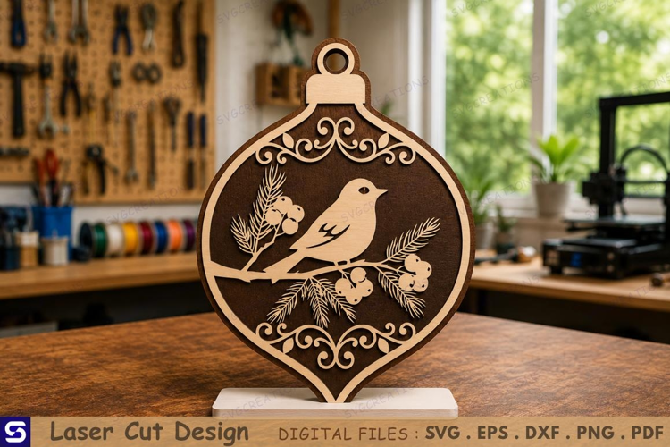3D Winter Songbird & Pine Branch Wooden Table Ornament Laser