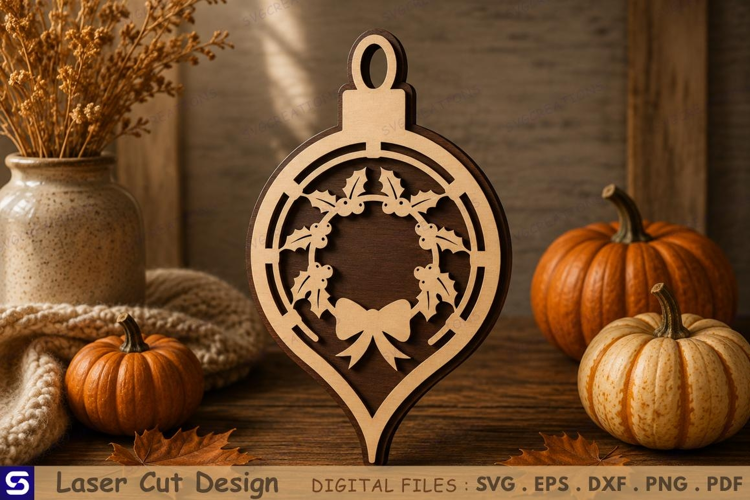3D Holly Wreath & Bow Wooden Christmas Ornament Laser Cut