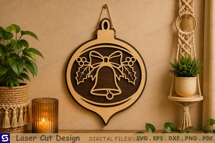 3D Christmas Bell & Holly Ribbon Wooden Ornament Laser Cut