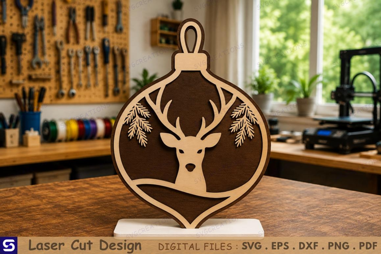 3D Reindeer & Pine Branches Wooden Table Ornament Laser Cut