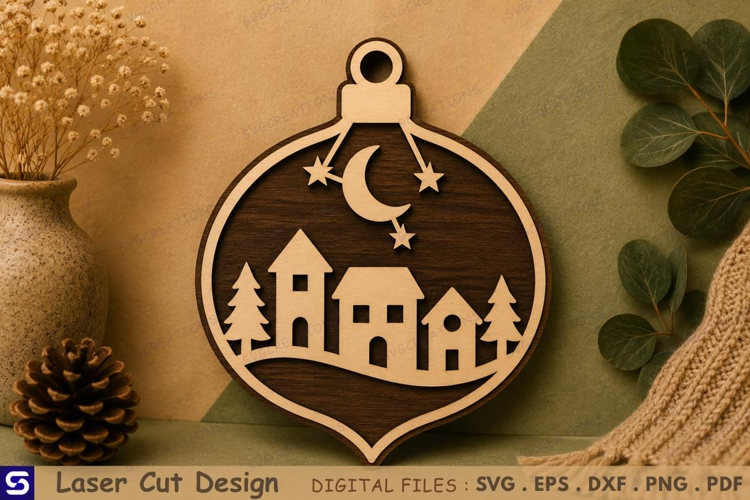3D Winter Village & Crescent Moon Wooden Ornament Laser Cut