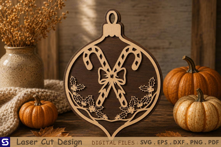 3D Candy Canes & Holly Bow Wooden Christmas Ornament Laser