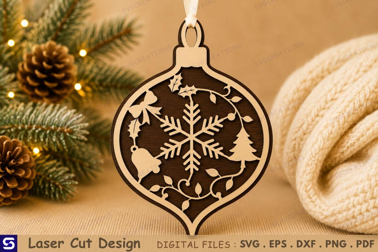 3D Festive Snowflake & Holly Wreath Wooden Ornament Laser
