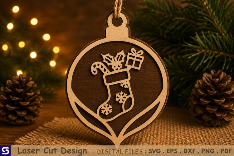3D Christmas Stocking & Treats Wooden Ornament Laser Cut