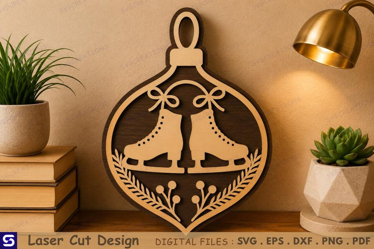 3D Vintage Ice Skates & Laurel Wreath Wooden Ornament Laser