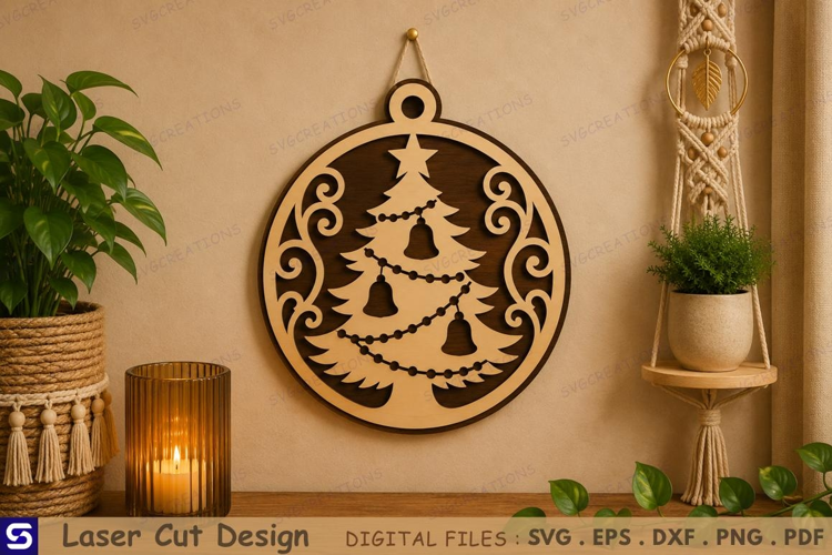 3D Christmas Tree with Bells & Scrollwork Wooden Ornament