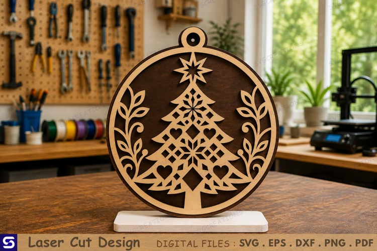 3D Geometric Christmas Tree & Leaf Wreath Wooden Table