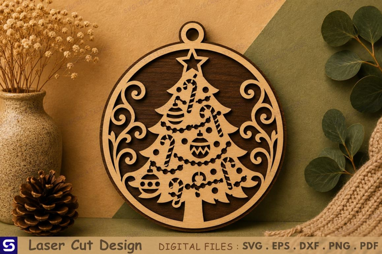 3D Christmas Tree Candy Canes & Ornaments Wooden Laser Cut