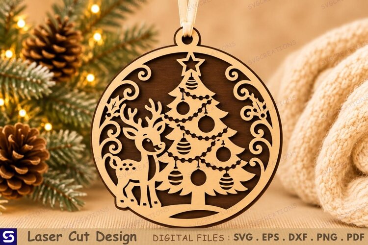 3D Reindeer & Christmas Tree Wooden Ornament Laser Cut File example image 1