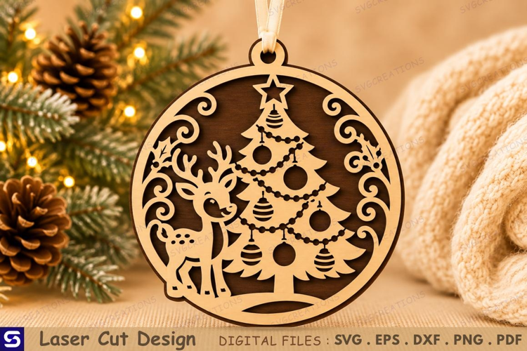 3D Reindeer & Christmas Tree Wooden Ornament Laser Cut File