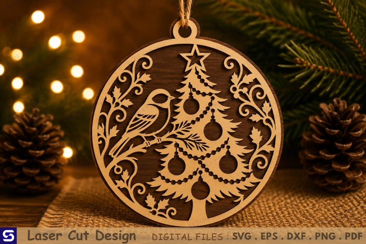 3D Winter Bird & Christmas Tree Wooden Ornament Laser Cut