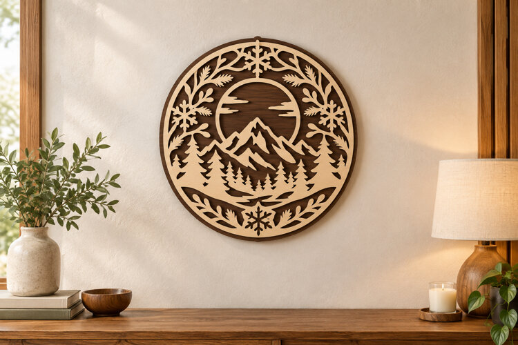 Moon Mountain Circle Laser Cut SVG File, moon mountain svg example image 1