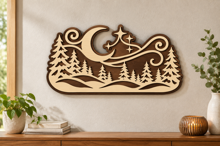 Moon Forest Scene Laser Cut SVG File, moon forest svg,